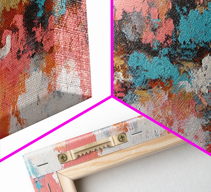 Bright Coral and Turquoise Abstract for Outdoors Framed Canvas Print, Patio Art, Rustic Decor, Patio Decor, Abstract Art, PAT-3x1-28