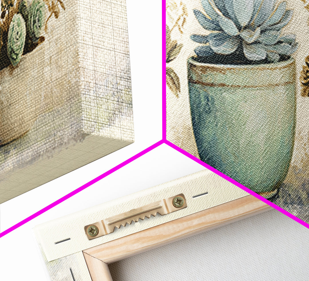 Succulent Collection in Ceramic Planters Canvas Print, Patio Art, Floral Art, Patio Decor, Oil Painting, Outdoor, PAT-3x1-61