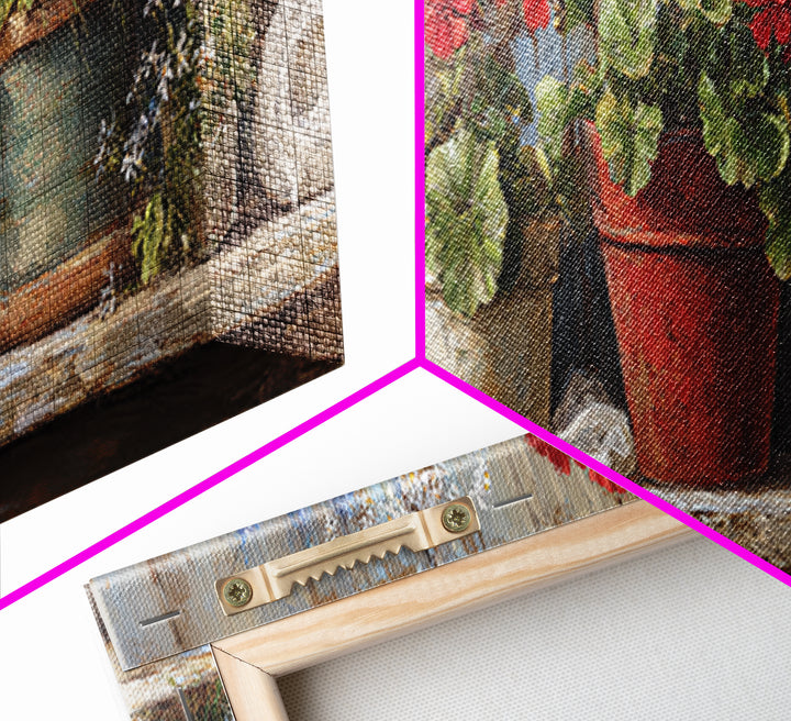Potted Geraniums in Rustic Clay Pots Canvas Print, Patio Art, Wall Decor, Patio Decor, Fine Art, Outdoor, Coastal Decor, PAT-3x1-78