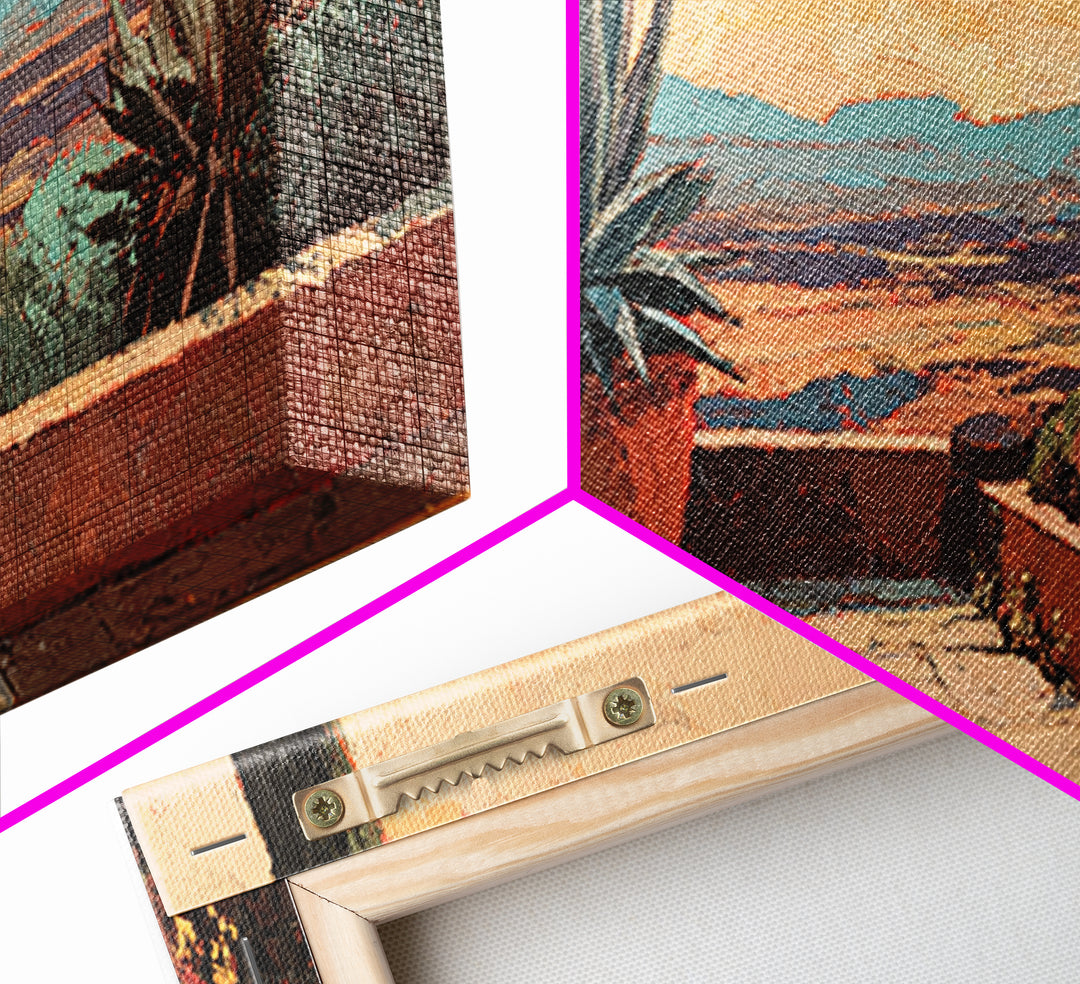 Desert Patio Agave and Bougainvillea Framed Canvas Print, Patio Art, Porch Decor, Patio Decor, Outdoor, Fine Art Print, PAT-3x1-81