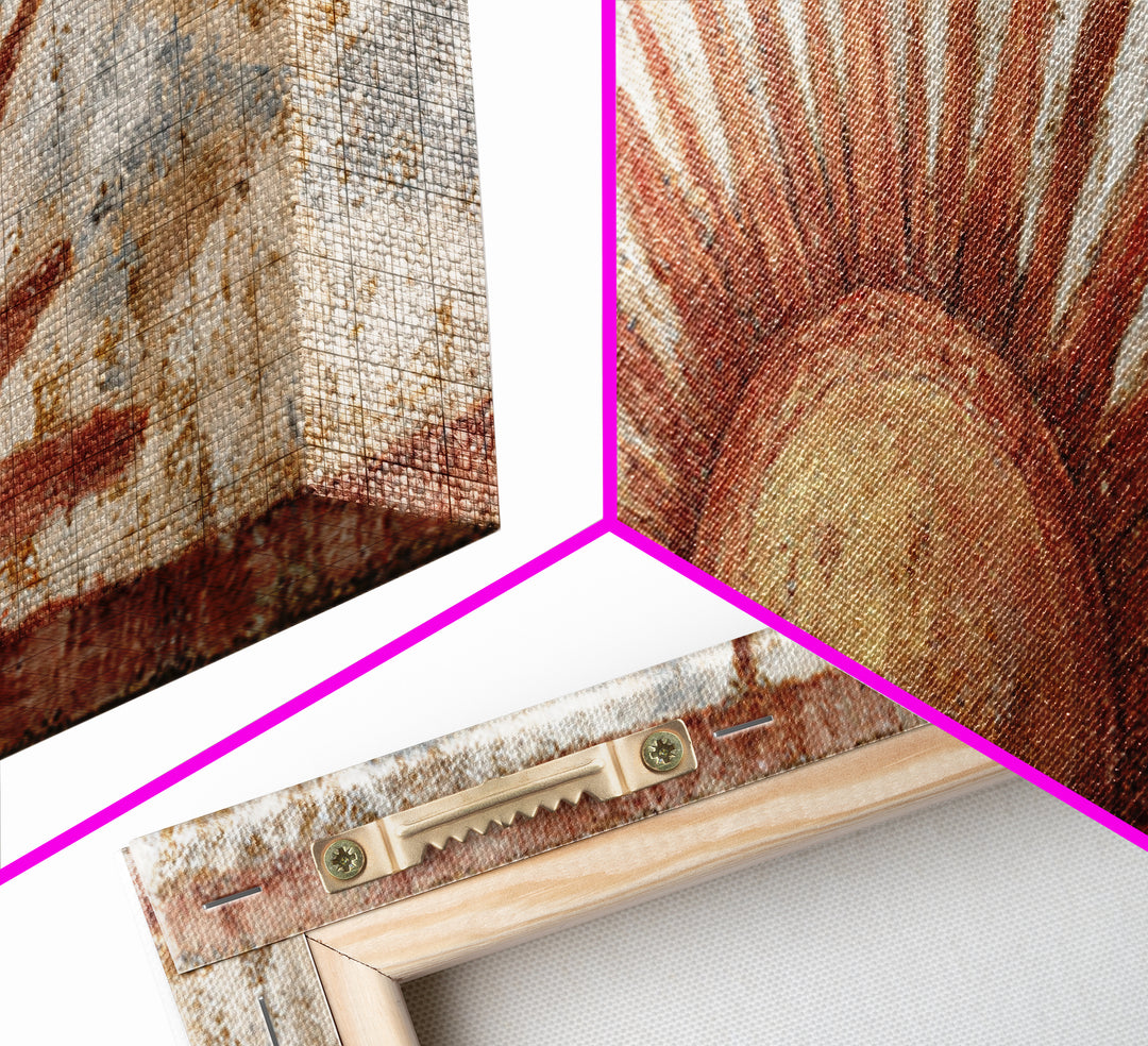 Sun Motif with Warm Terracotta Rays Framed Canvas Print, Patio Art, Outdoor Wall Decor, Patio Decor, Fine Art, Outdoor, PAT-3x1-82