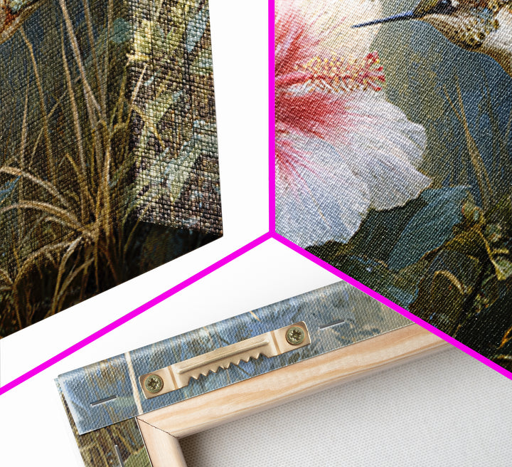 Hummingbird Visiting Bright Hibiscus Framed Canvas Print, Patio Art, Patio Cushions, Patio Decor, Outdoor, Luxury Decor, PAT-3x2-31