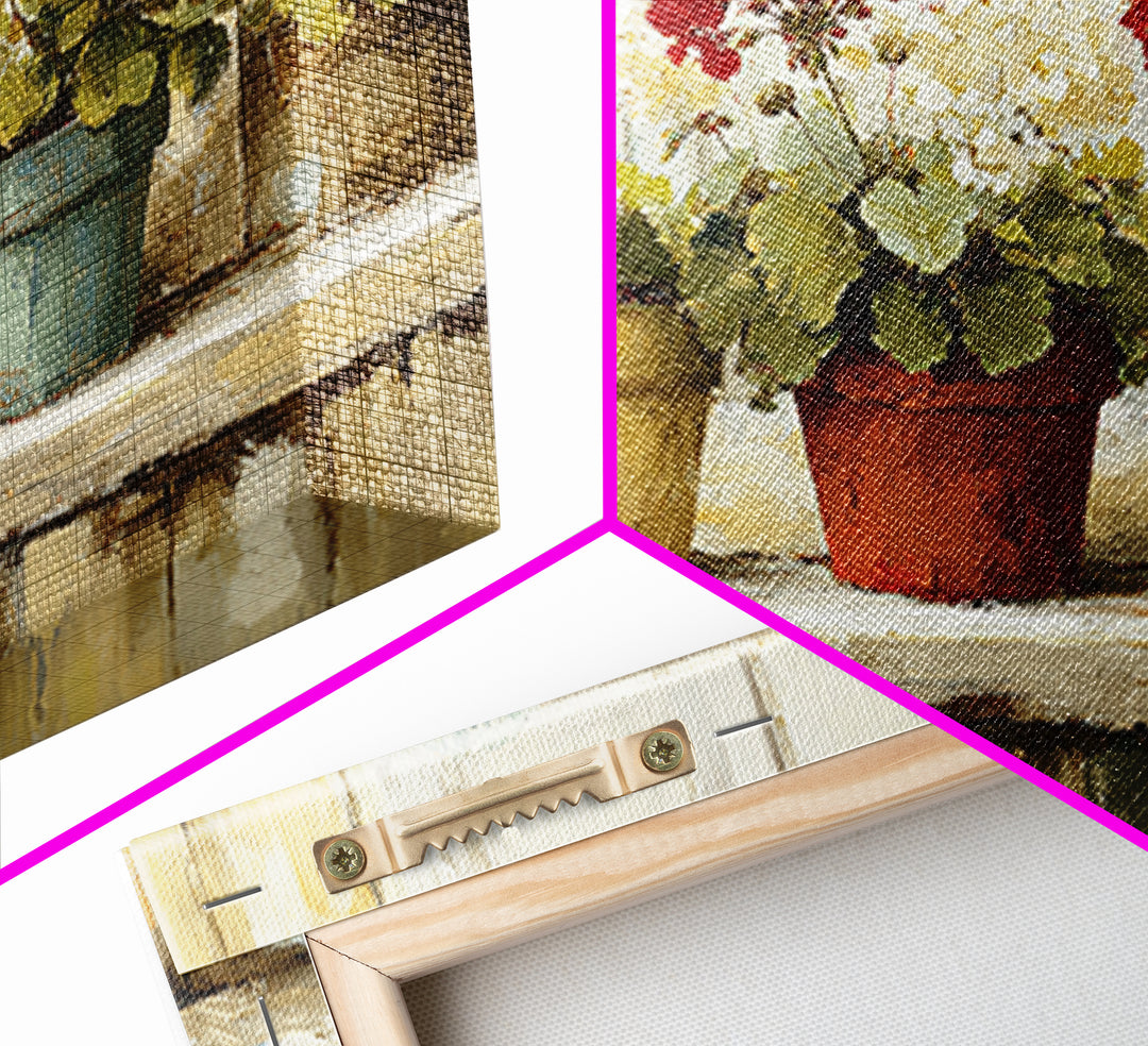 Potted Geraniums in Rustic Clay Pots Canvas Print, Patio Art, Floral Wall Art, Patio Decor, Fine Art, Outdoor, Mixed Media Art, PAT-3x2-42