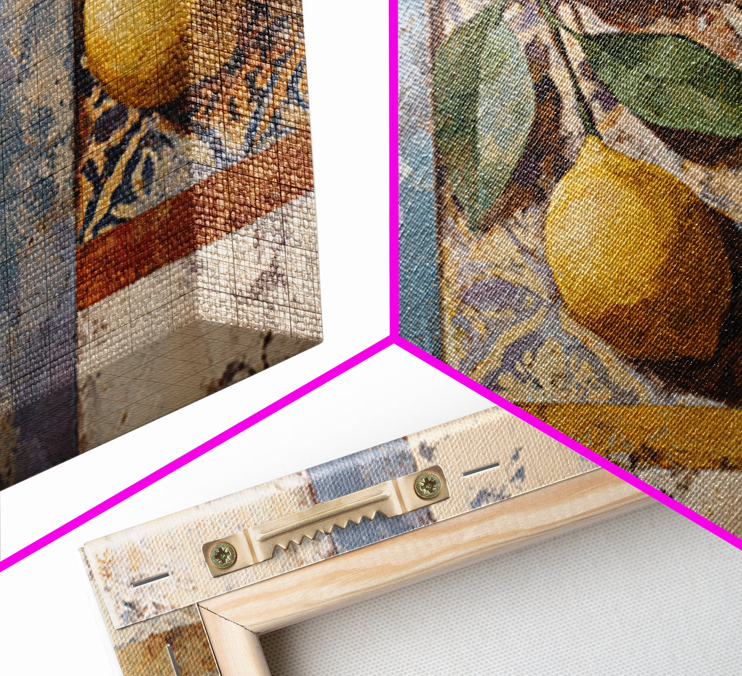 Mediterranean Lemons and Blue Tile Pattern Framed Canvas Print, Patio Art, Floral Art, Patio Decor, Fine Art, Outdoor, PAT-3x2-78