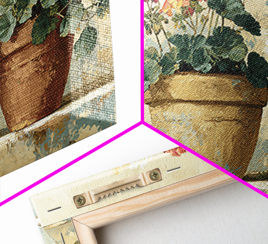 Potted Geraniums in Rustic Clay Pots Framed Canvas Print, Patio Art, Beach Art, Patio Decor, Fine Art, Outdoor, Neutral Decor, PAT-3x2-90