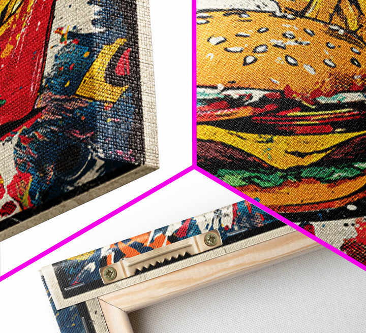 Hamburger and Fries Framed Canvas Print, Pop Art, Statement Artwork, Living Room Decor, Abstract Art, Pop, Wall Decor, POP-1x1-33