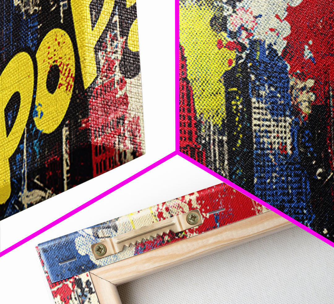 Comic Book City Skyline Canvas Print, Pop Art, Custom Portrait, Living Room Decor, Abstract Art, Pop, Mexican Art, Modern Art, POP-2x1-49