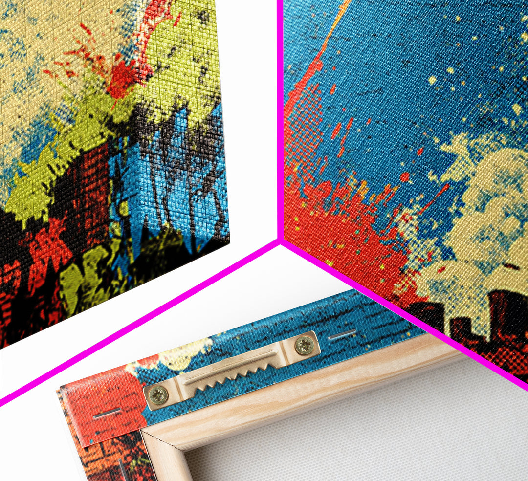 Comic Book City Skyline Framed Canvas Print, Pop Art, Football Wall Art, Living Room Decor, Abstract Art, Pop, Art Print, POP-3x2-81