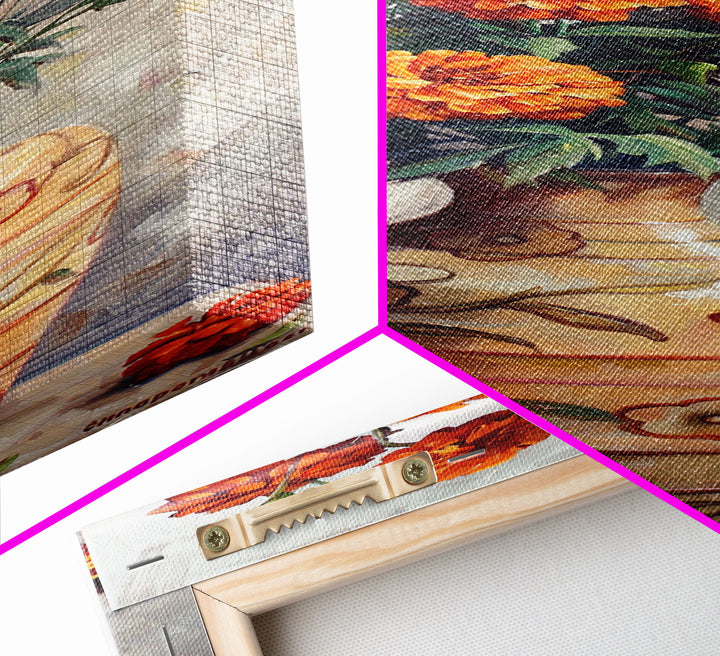 Orange Marigolds in Vase Painted on Textured Canvas, Tall and Narrow Framed Art, Botanical Art Print for Kitchen, Gallery Art, Moody Art