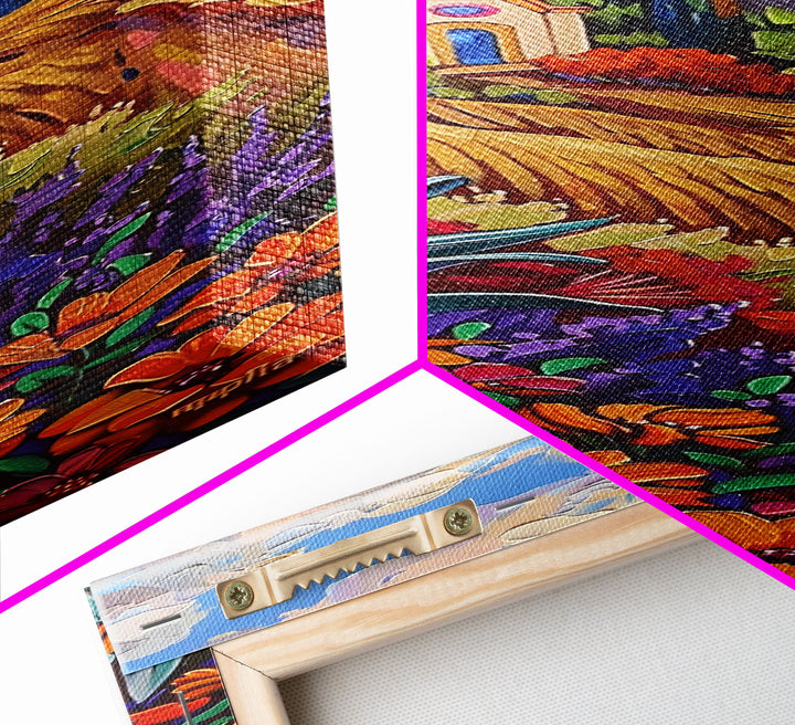 Framed and Printed Canvas Painting of Colorful Tuscan Countryside, Gouache Textured Canvas Painting, Botanical Wall Art Print, Skinny Art