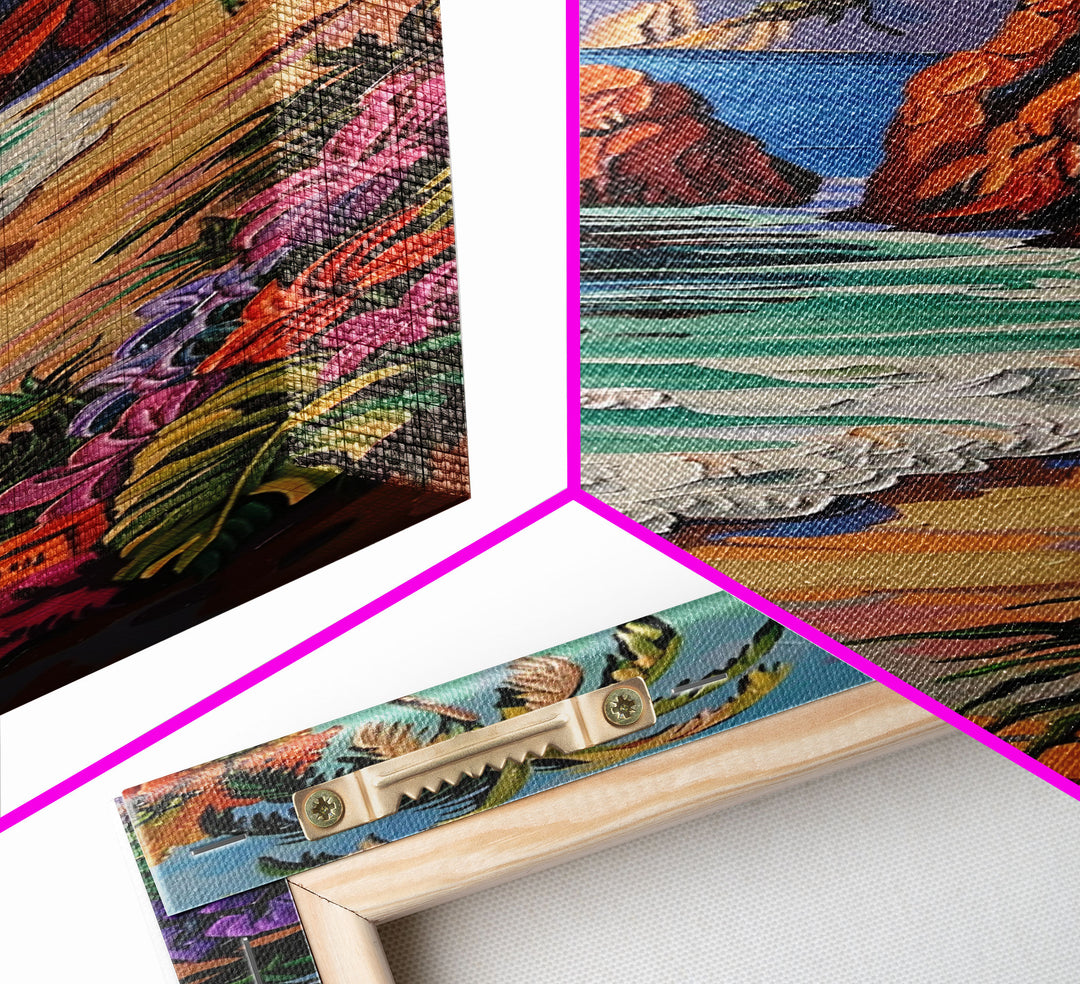 Colorful Hawaii Coastal Art Printed and Framed on Canvas, Beach House Wall Art Decor, Textured Canvas Painting, Modern Art for Living Room