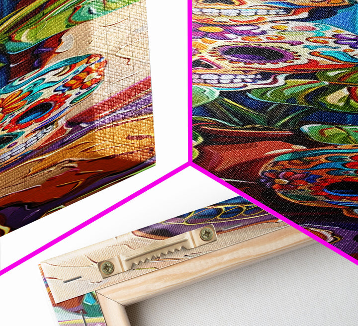 Day of The Dead Inspired Mexican Canvas Painting Framed, Long Narrow Wall Art Print, Spanish Style Home Decor, Contemporary Art Print