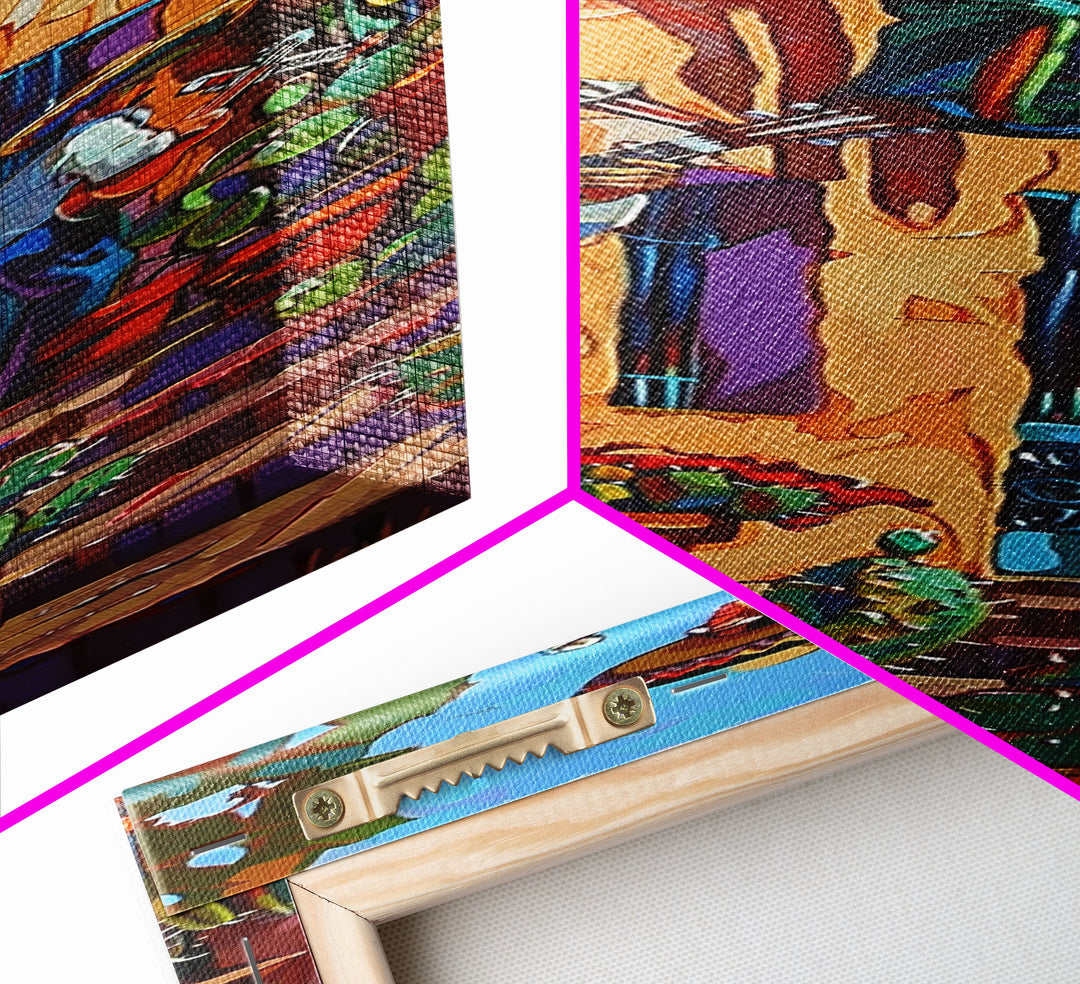 Tall and Narrow Mexican Style Mariachi Band Printed on Framed Canvas, Colorful Botanical Canvas Art, Maximalist Wall Art Print, Spanish Art