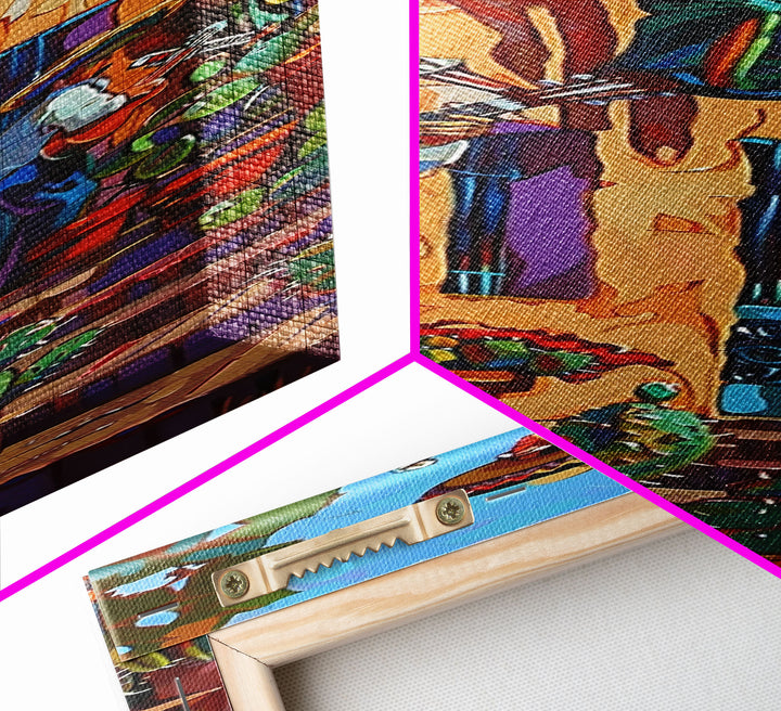 Tall and Narrow Mexican Style Mariachi Band Printed on Framed Canvas, Colorful Botanical Canvas Art, Maximalist Wall Art Print, Spanish Art