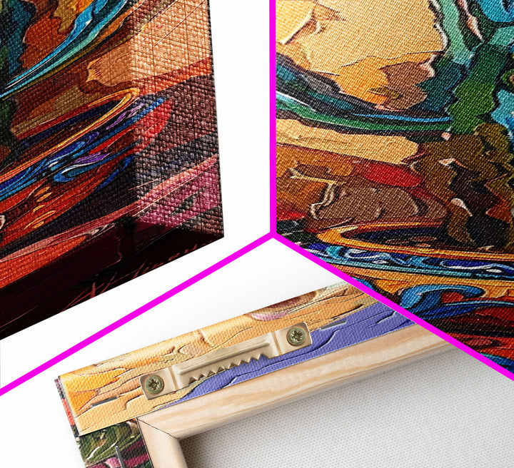 Colorful Canvas Painting of Mexican Saguaro Cactus Framed, Southwest Home Decor, Western Wall Art for Living Room, Housewarming Gift for Her