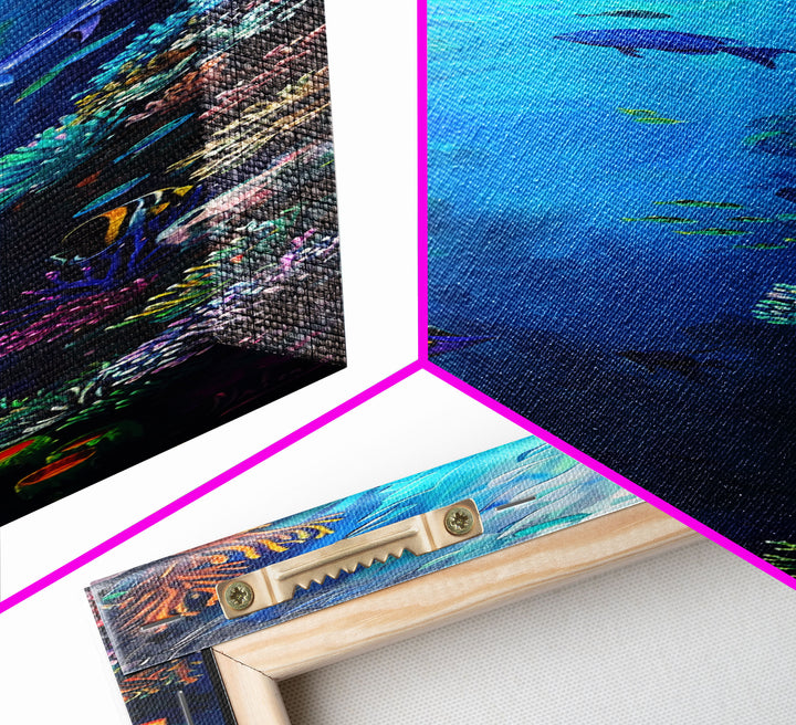 Oversized Vertical Framed Canvas Painting of Colorful Coral Reef, Ocean Painting Framed, Ocean Landscape Wall Art Print, Vibrant Art