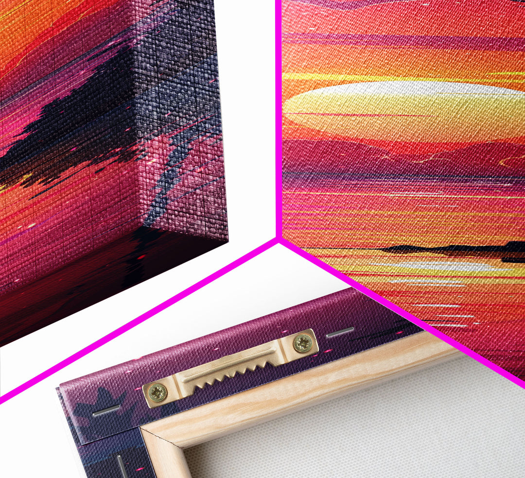 Retro Tropical Sunset Midcentury Modern Art - Framed Canvas Print, Boho Art, Skinny Art, Living Room Art, Bedroom Decor, Coastal Wall Art