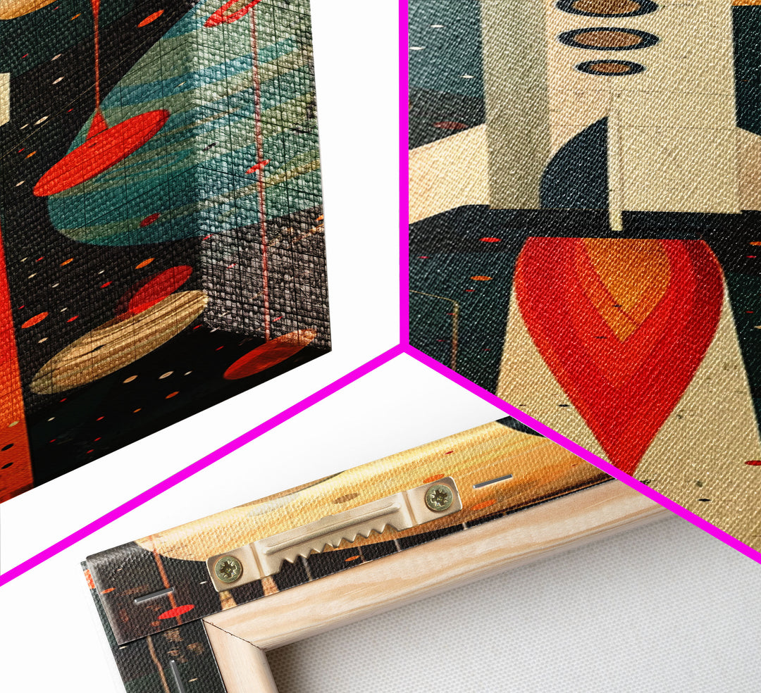 Vintage Rocket Launch Art - Framed Canvas Print, Midcentury Modern Skinny Art, Tall Wall Art for Living Room or Bedroom Decor