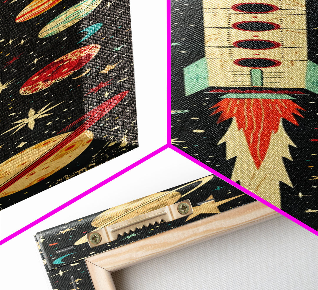 Space Exploration Art with Planets - Framed Canvas Print, Midcentury Modern Skinny Art, Tall Wall Art for Living Room or Bedroom Decor