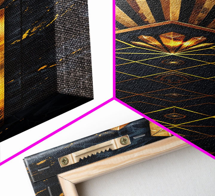 Gold Geometric Art Deco Pattern on Black Background - Framed Canvas Print, Midcentury Modern Art, Skinny Art, Tall Art, Living Room Wall Decor