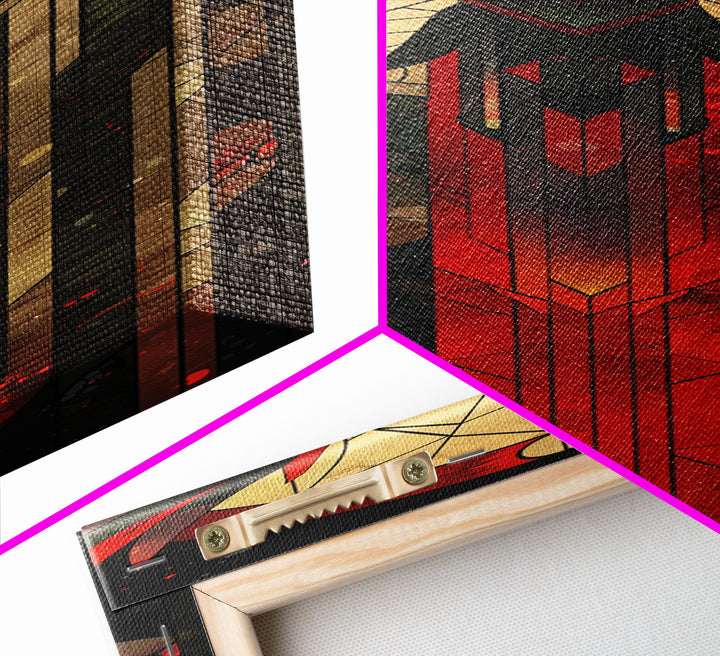 Red and Gold Phoenix Design on Geometric Background - Framed Canvas Print, Midcentury Modern Art, Skinny Art, Tall Art, Living Room Wall Decor, Boho Art
