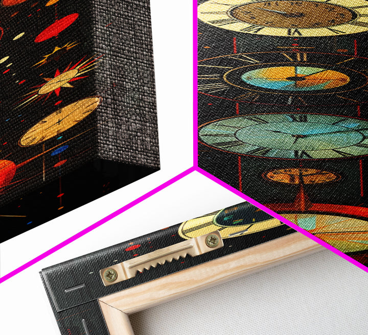 Interdimensional Wall Art, Retro Art Deco Clocks, Framed Canvas Print, Surrealist Decor