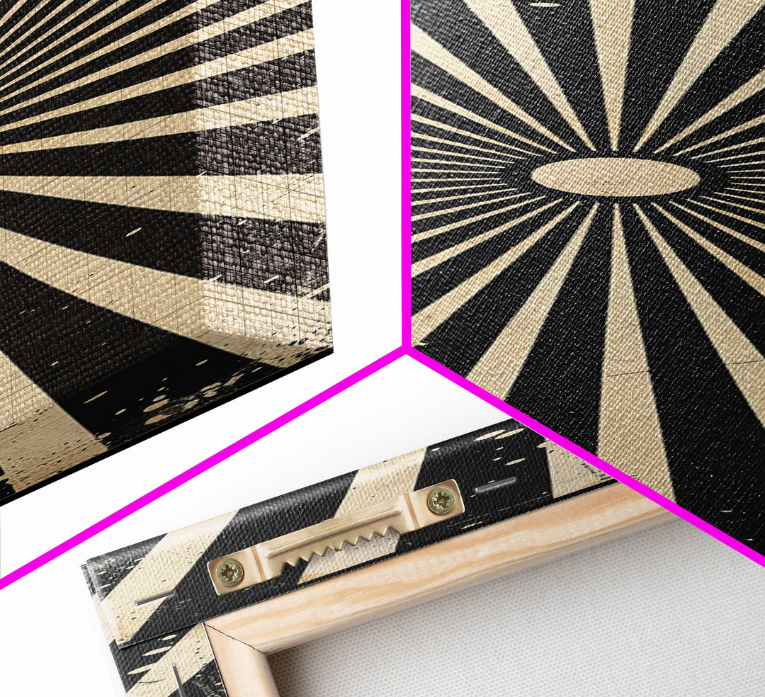 Black and White Sun Burst Art Deco Inspired Framed Canvas Print, Wall Art, Office or Mancave Wall Art