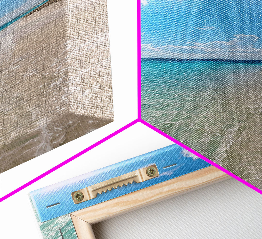 Serene Coastal Shoreline Landscape Painting in Blue and Orange Hues, Modern Framed Canvas Print, Ideal for Contemporary Wall Art Décor
