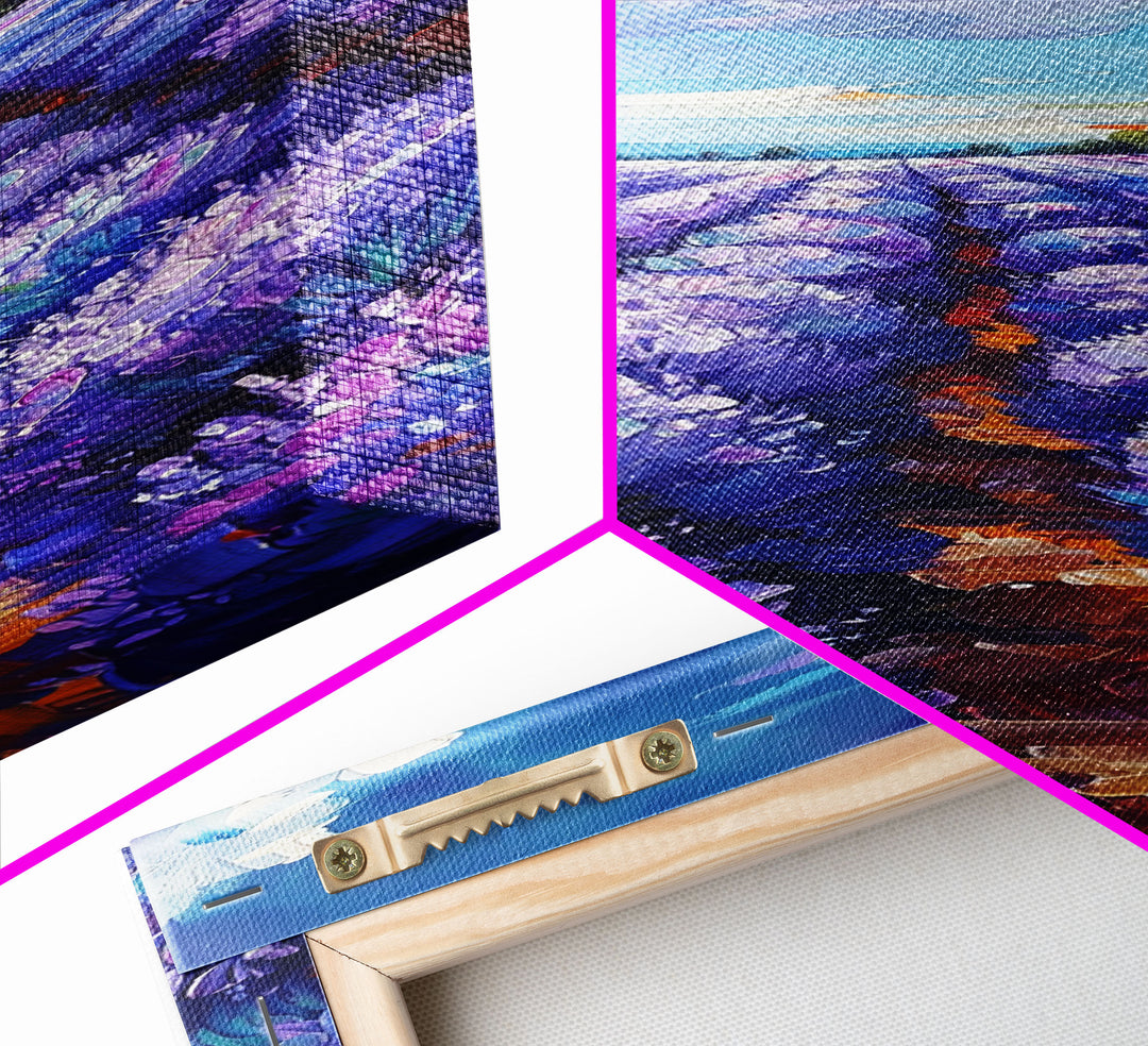 Expansive Lavender Fields Under a Bright Sky, Skinny and Tall Art, Bold Framed Canvas Print, Landscape Wall Art
