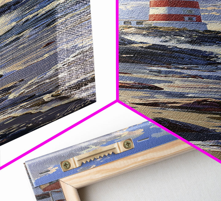 Framed Canvas Print Skinny Art of a Majestic Lighthouse Standing Tall Against a Bright Blue Sky with Waves Crashing on Rocky Shores, Perfect Tall Art