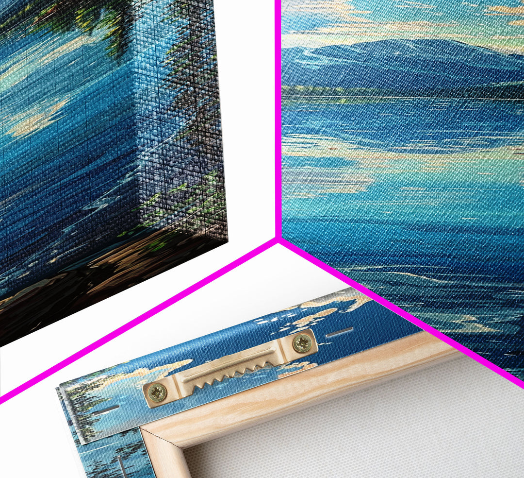 Framed Canvas Print Skinny Art of a Clear Lake Surrounded by Pine Trees with Majestic Mountains in the Distance Under a Blue Sky, Ideal Tall Landscape Art