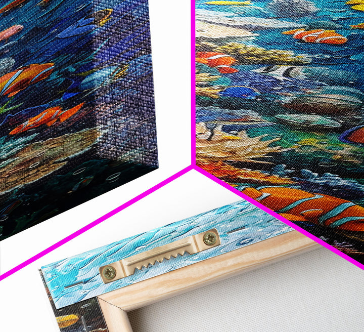 Vibrant Coral Reef Underwater Scene Featuring Diverse Tropical Fish on a Framed Canvas Print Skinny Art Piece