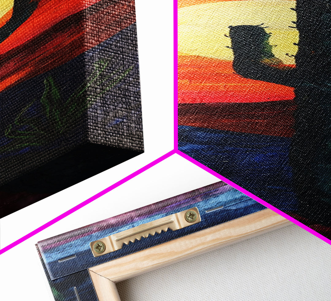 Desert Landscape with Saguaro Cactus Silhouette Against a Fiery Sunset on a Framed Canvas Print Skinny Art Piece