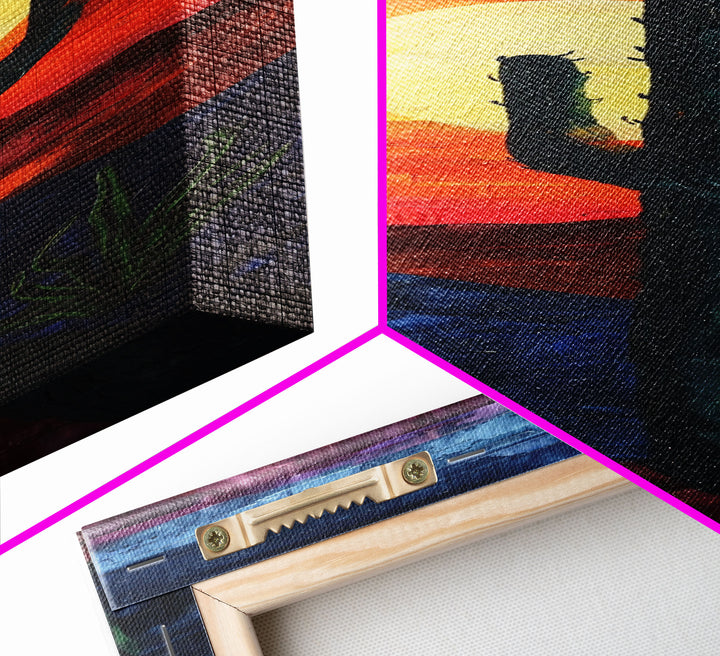 Desert Landscape with Saguaro Cactus Silhouette Against a Fiery Sunset on a Framed Canvas Print Skinny Art Piece
