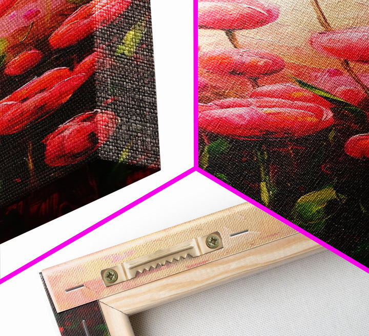 Vibrant Red Tulips in Bloom Against a Soft Pink Background on a Framed Canvas Print Skinny Art Piece