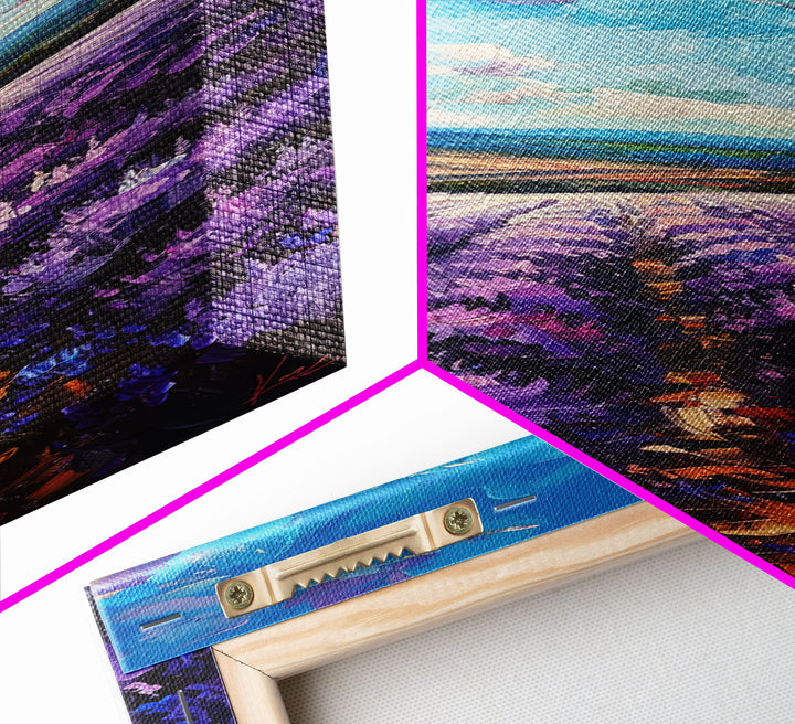 Framed Canvas Print of Wide Lavender Fields Under a Bright Sky Featuring Skinny Tall Art for Stunning Wall Decor in Home or Office