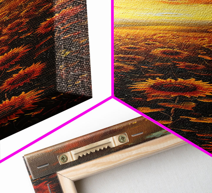 Sunflowers in Golden Sunset, Tall Skinny Art Framed Canvas Print Ideal for Warm Wall Decor in Living Rooms or Bedrooms
