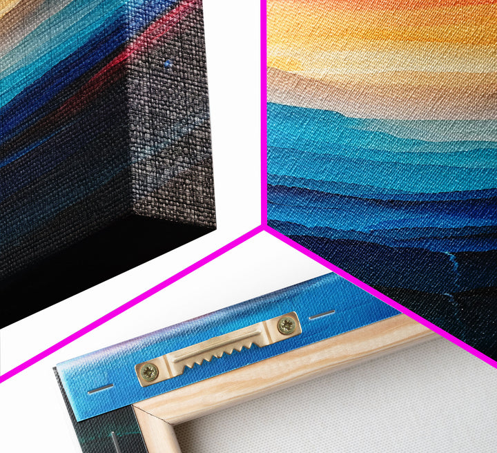 Sunset Over The Mountain Valley Framed Canvas Print - Colorful Wall Art - Midcentury Modern Style Art - Modern Decor - Abstract Landscape Painting - Tall Art