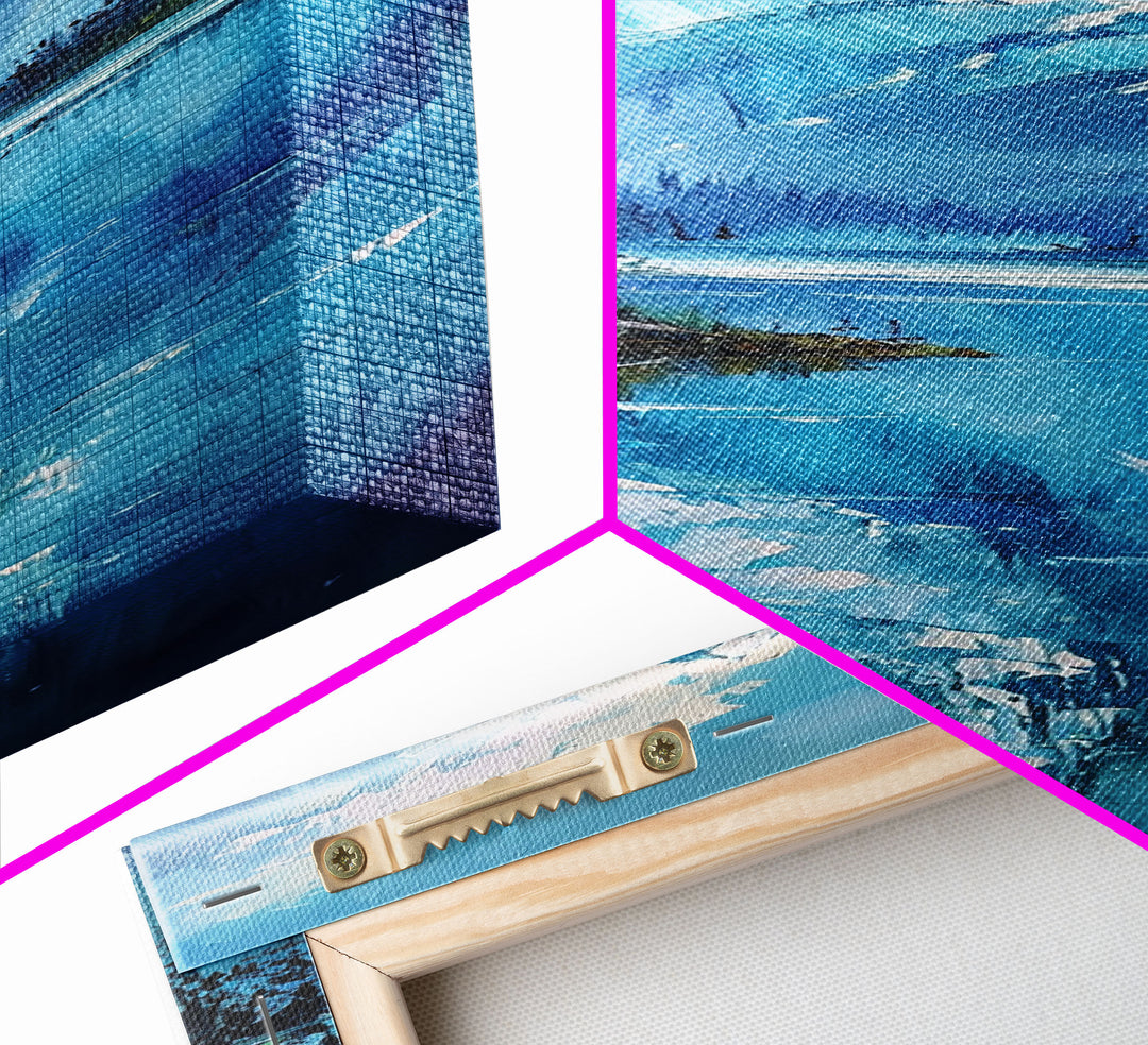 Mountain Reflections In The Lake Framed Canvas Print, Boho Style Oil Painting Print, Minimalist Decor, Unique Gift Idea, Skinny Art For Small Spaces