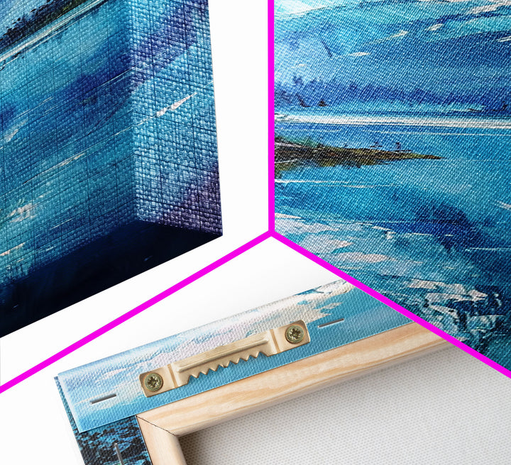 Mountain Reflections In The Lake Framed Canvas Print, Boho Style Oil Painting Print, Minimalist Decor, Unique Gift Idea, Skinny Art For Small Spaces