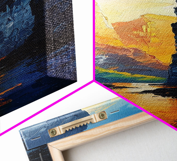 Sunset Peaks Through The Mountain Valley, Framed Canvas Print, Retro MCM Inspired Landscape Painting, Living Room Or Office Decor