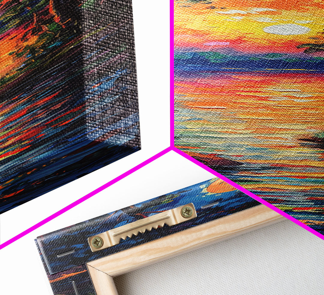 Sunset and Full Moon Over The lake Framed Canvas Print, Nature Decor, Landscape Oil Painting Print Wall Art, Skinny / Tall Art for Small Spaces