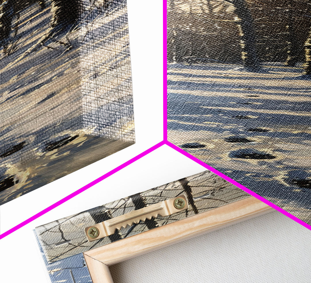 Snowy Forest Path With Footprints, Winter Scene In Farmhouse Style, Tall Canvas Print For Rustic Boho Wall Art