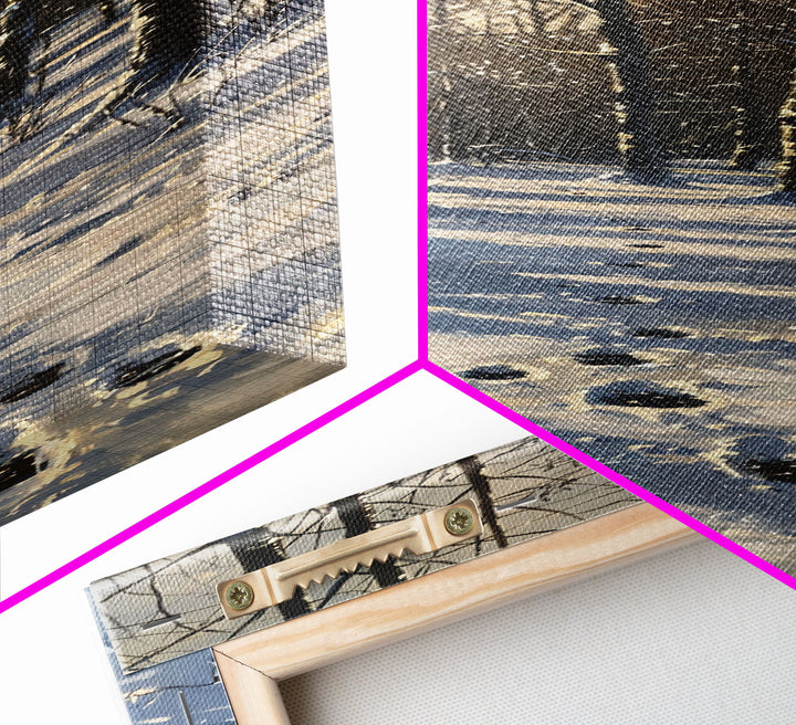 Snowy Forest Path With Footprints, Winter Scene In Farmhouse Style, Tall Canvas Print For Rustic Boho Wall Art