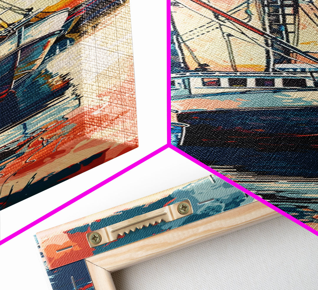 Majestic Fishing Boats Resting in a Vibrant Sunset Harbor - Skinny Art, Japanese Wall Decor, Framed Canvas Print, Ukiyo-e Style