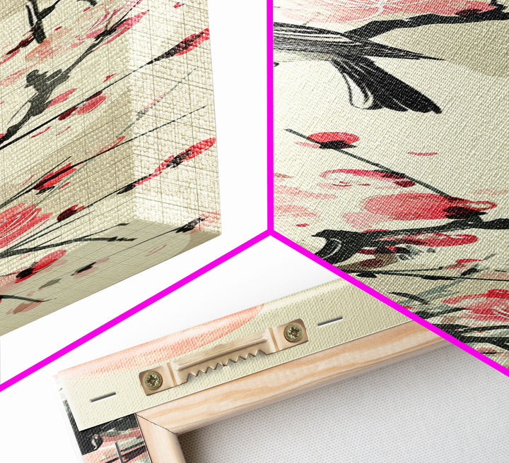 Songbird on Cherry Blossom Skinny Art Tall Art Japanese Ukiyo-e Inspired Bird and Nature Framed Canvas Print