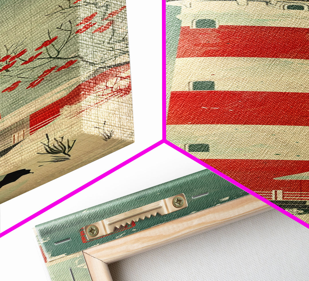 Japanese Woodblock Print Of A Traditional Lighthouse Surrounded By Seagulls Framed Canvas Print Ready To Hang For Wall Art Decor