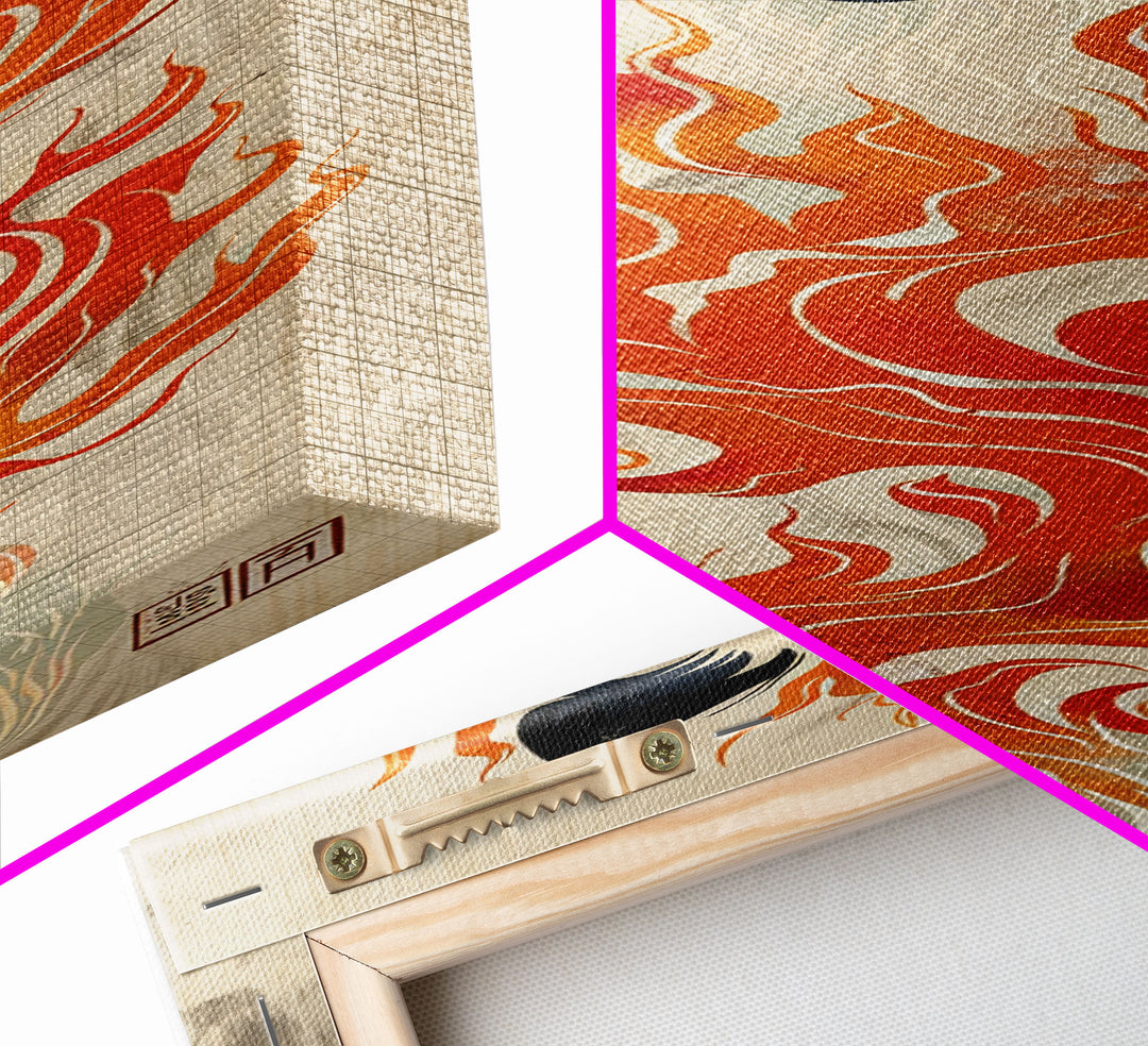 Fiery Kitsune Spirit Skinny Art Tall Art Japanese Ukiyo-e Inspired Mythical Creature Framed Canvas Print