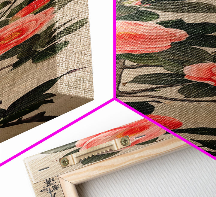 Framed Canvas Print Of Japanese Floral Art With Camellia Blossoms And Detailed Leaves Ready To Hang Traditional Japanese Wall Art Decor