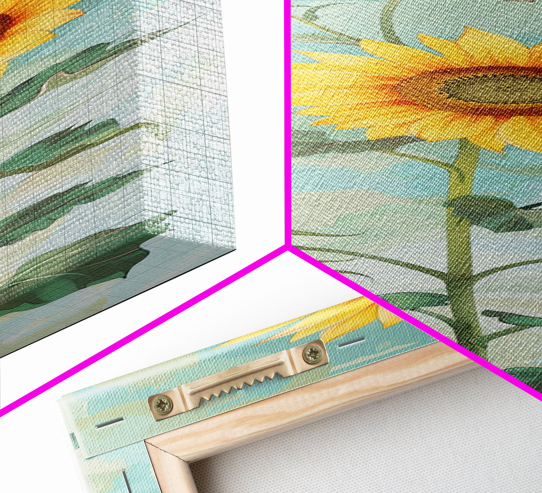Japanese Skinny Art of Sunflowers with Golden Petals and Verdant Stems on a Pastel Blue Background – Framed Canvas Print